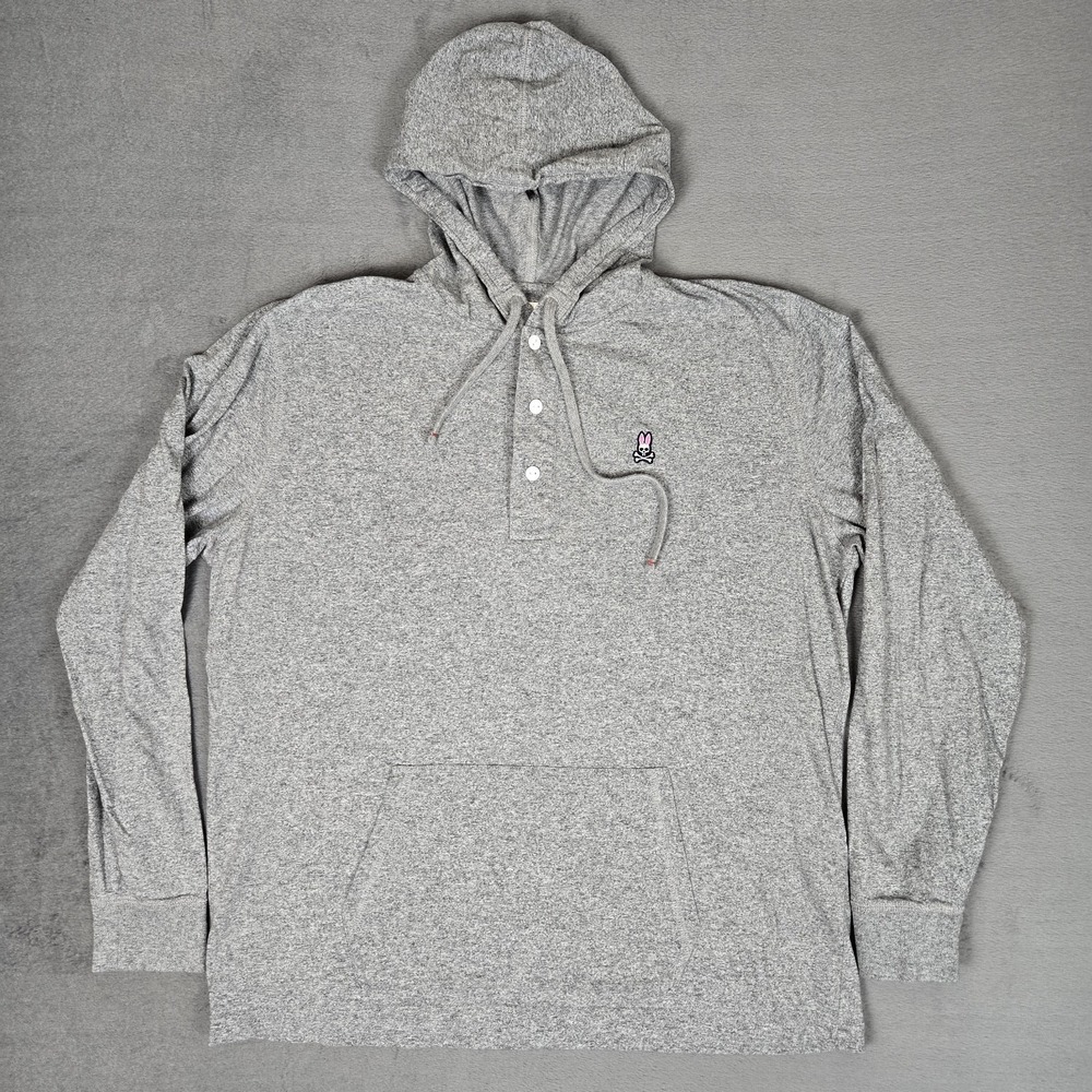 Psycho Bunny Hoodie Mens Large Henley Pullover Heather Gray Skull Bunny Pocket